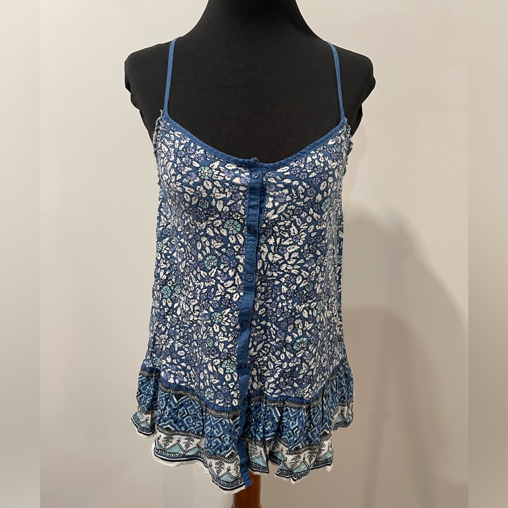 American Eagle - Blue Patterned Tank Top With Ruffled Bottom